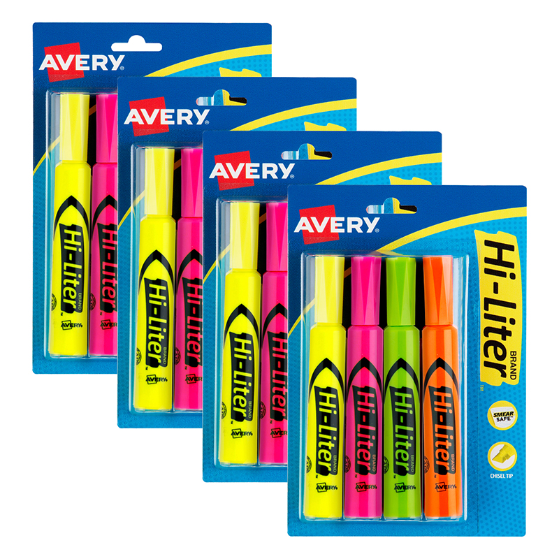 Avery Hi-Liter Desk-Style Highlighters, Assorted Colors, Smear Safe , Nontoxic, 4 per Pack, 4 Packs