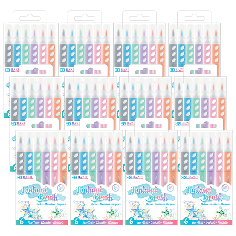 BAZIC Brush Markers 6 Pastel Colors, Fine Line Washable Coloring Marker,  Non Toxic Drawing Gift for Art School Supplies (6/Pack), 1-Pack