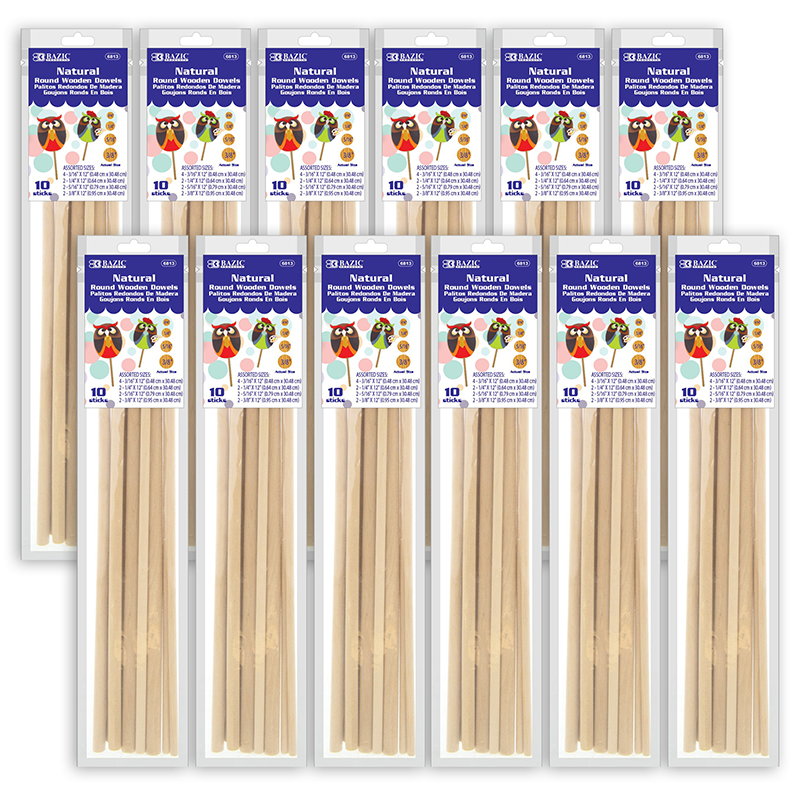 Bazic Products Assorted Round Natural Wooden Dowel, 10 per Pack, 12 Packs