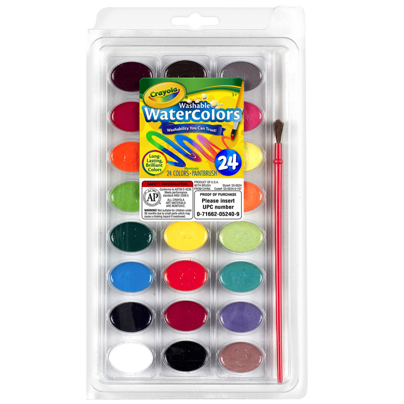 Crayola Washable Watercolor Pans with Plastic Handled Brush, 24