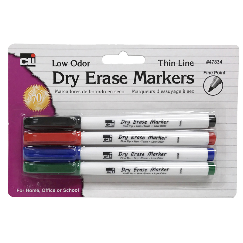 Dry Erase Marker Thin Line 4 Pk Assorted Colors - The School Box Inc