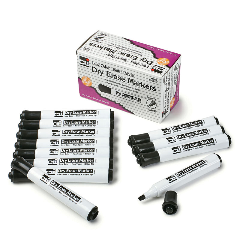 12Ct Black Chisel Tip Dry Erase Markers Barrel Style CHL47920