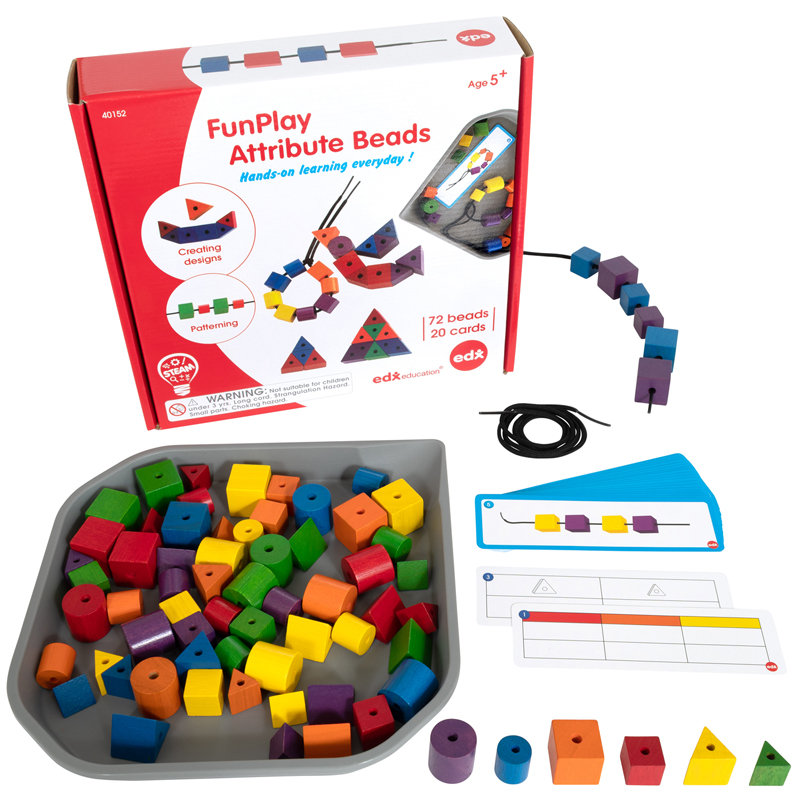 edxeducation® FunPlay Attribute Beads - 72 Wooden Lacing Beads + 2 Laces +  40 Activities + Messy Tray - Zuma