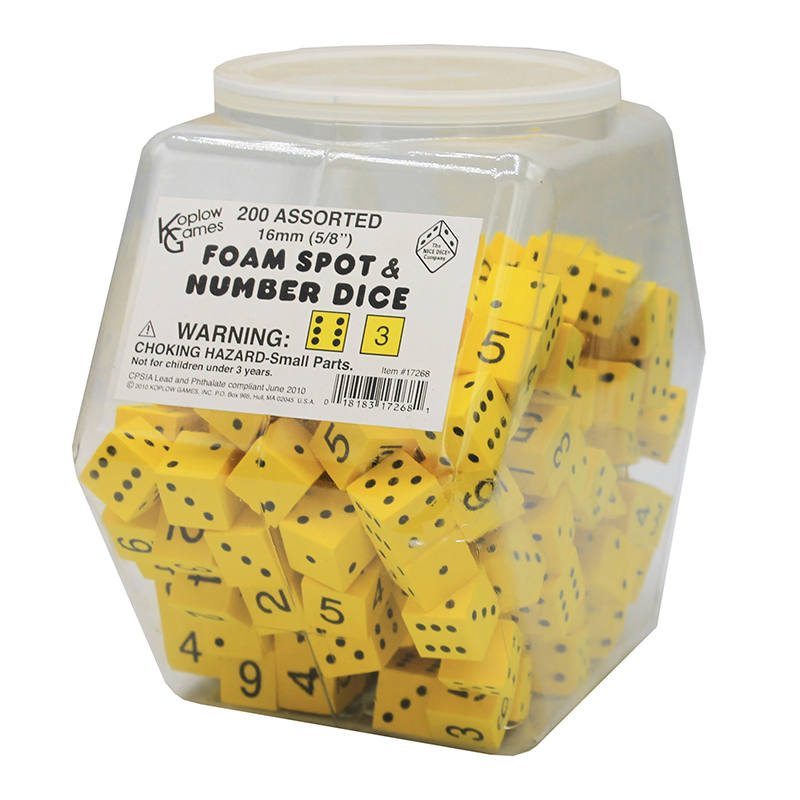 16Mm Foam Dice Tub Of 200 Yellow Spot & Number KOP17268