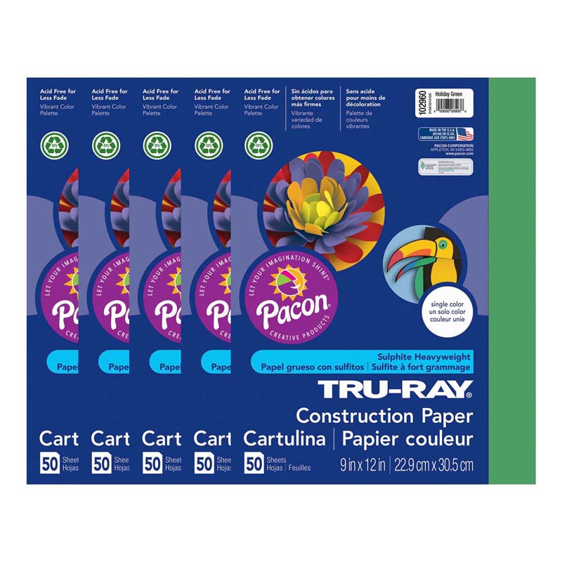  Tru-Ray Construction Paper, Holiday Green, 9 x 12, 50 Sheets  Per Pack, 5 Packs
