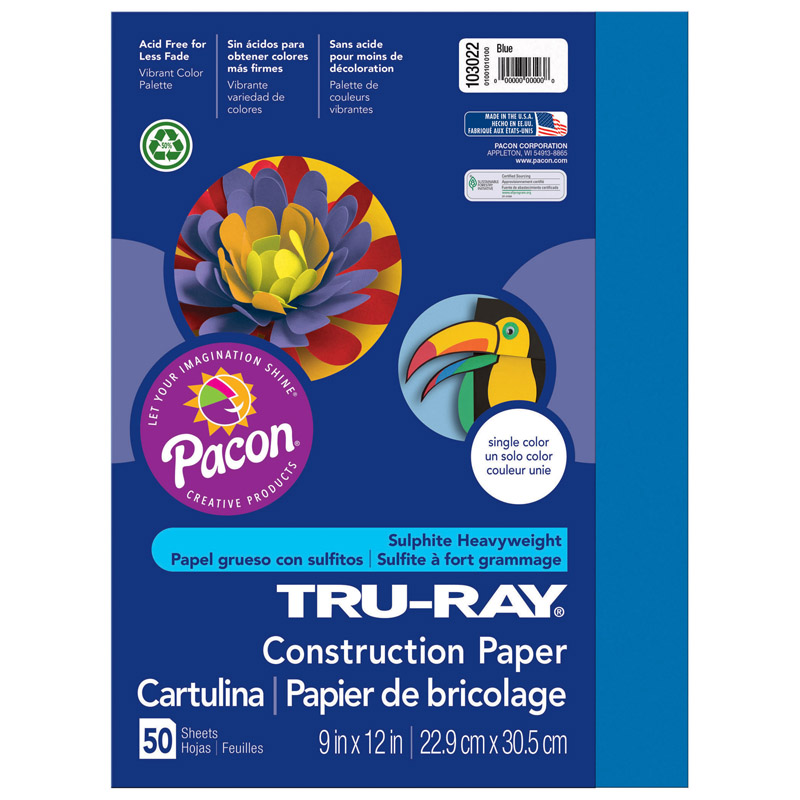 Pacon Tru-Ray Construction Paper, Blue, 76 lb, 9 x 12 - 50 pack