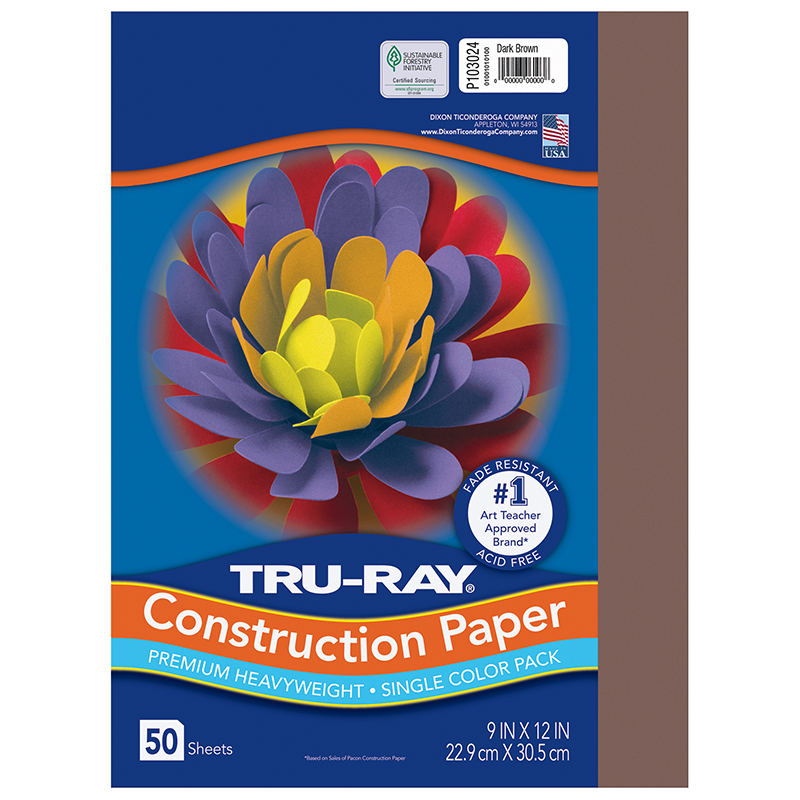 Pacon Tru-Ray Construction Paper, 76 lbs., 9 x 12, Dark Brown, 50