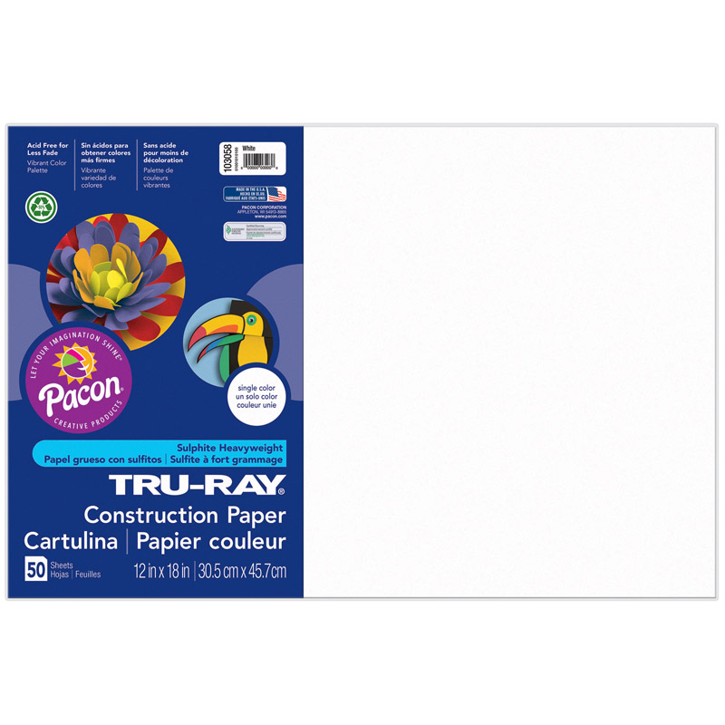 Pacon Tru-Ray Construction Paper, 76 lbs., 12 x 18, White, 50