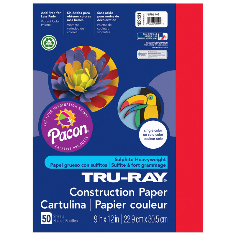 Pacon Tru-ray Construction Paper, Festive Red, 9 x 12 - 50 sheets