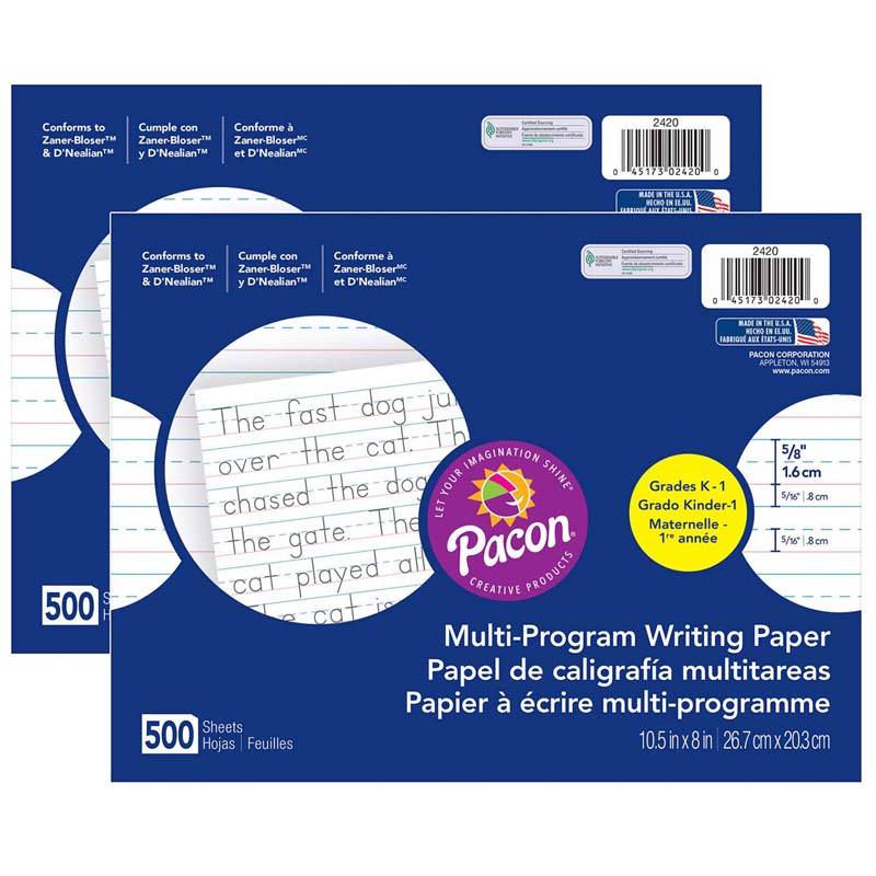 Pacon Multi-Program Handwriting Paper, 5/8 Ruled 500 Sheets per Pack, 2 Packs