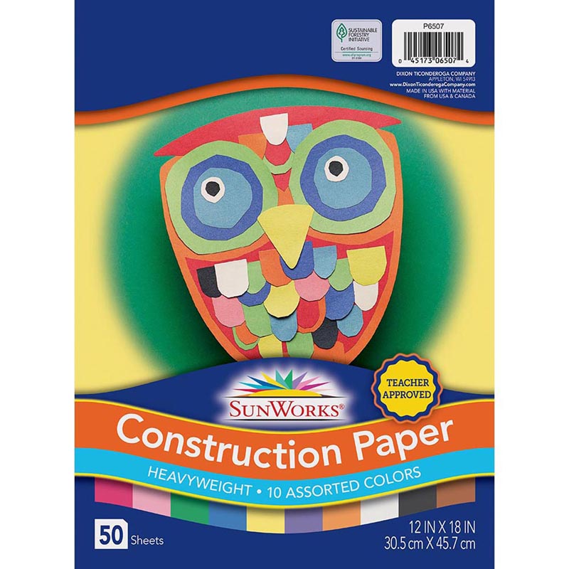 SunWorks Construction Paper, 58 lbs., 12 x 18, Assorted, 50