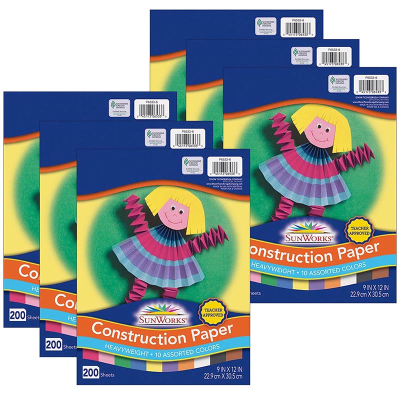 SunWorks Construction Paper, 10 Assorted Colors, 9 x 12, 200 Sheets per Pack, 6 Packs
