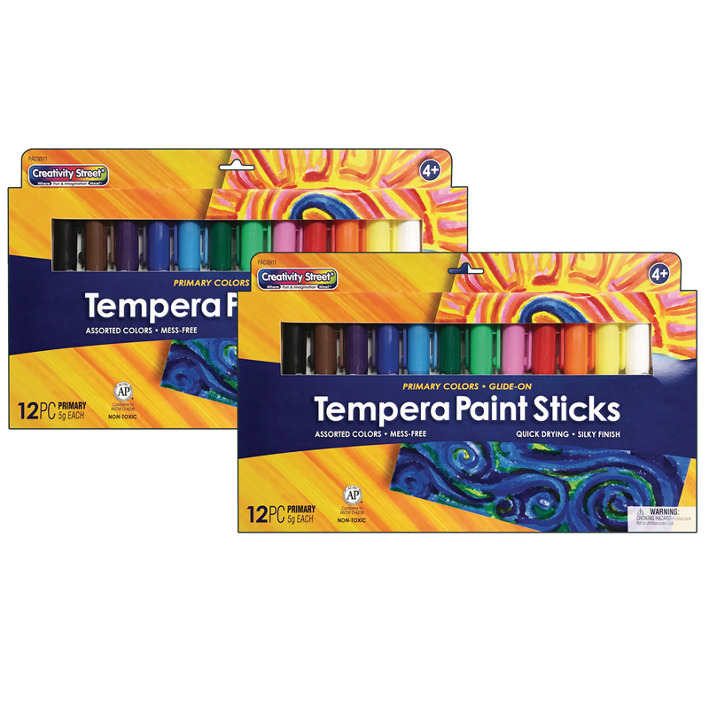 Creativity Street Glide-On Tempera Paint Sticks, 12 Assorted Primary Colors, 5 Grams, 12 per Pack, 2 Packs