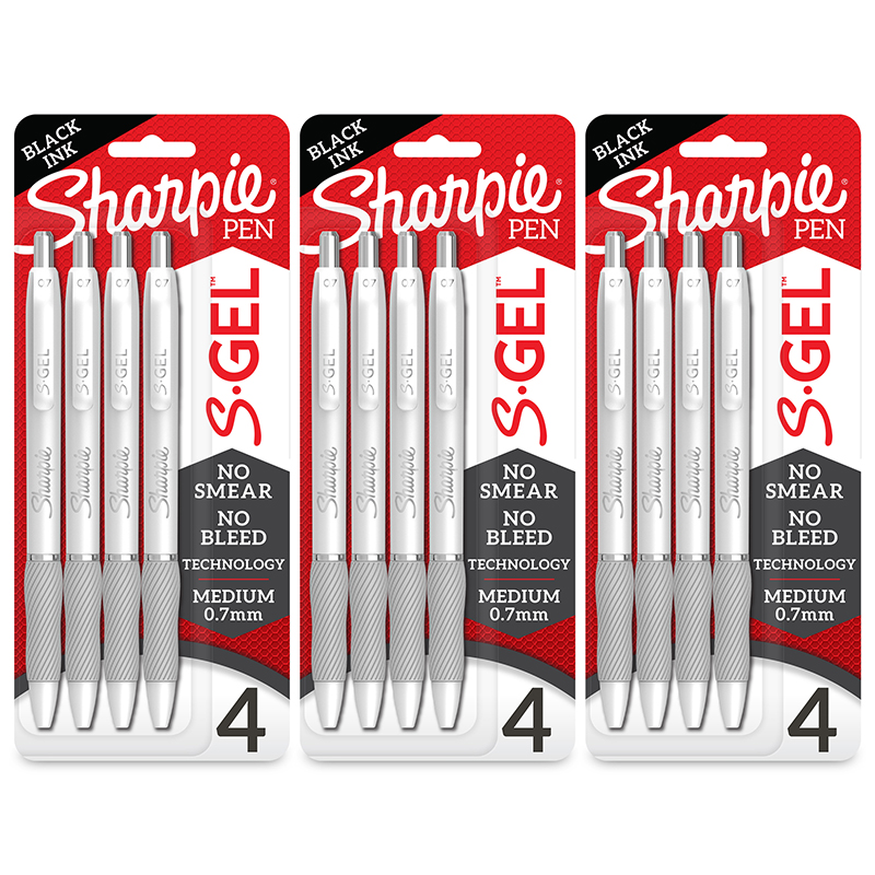 Sharpie S-Gel, Gel Pens, Medium Point (0.7mm), Pearl White Body, Black Gel Ink Pens, 4 per Pack, 3 Packs