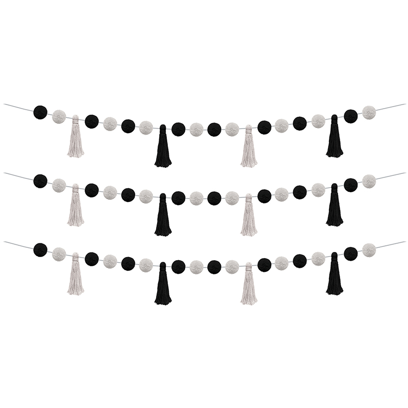 Black and White Pom-Poms and Tassels Garland - TCR8902